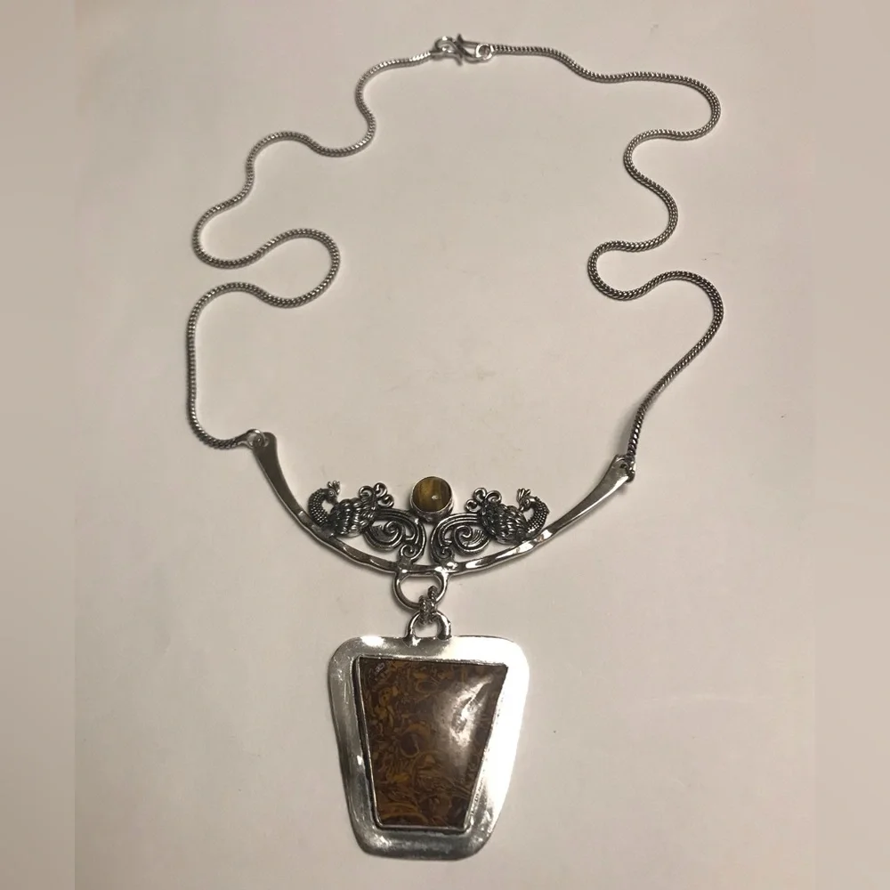 Tiger Eye Miraim Jasper Stamped 925 Sterling Silver Necklace